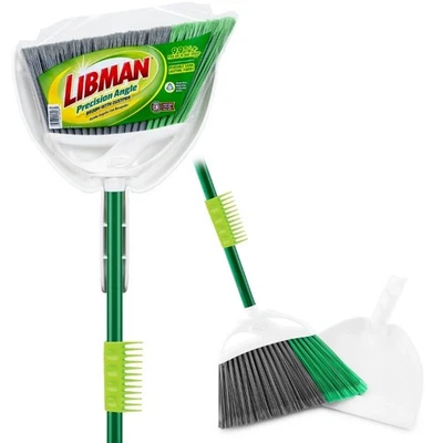 Libman Household Angle Broom and Dust Pan w/Clean Fibers Comb Green / White