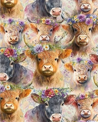 Too Cute•Sweet Highland Cows, Cow Fabric! 1yd•BTY•Cotton•So Cute! Fast Ship! - Image 1 of 3