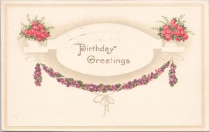 Präge AK Geburtstagsgrüße rote Rosen, Veilchengirlande Blumen 1914 - Bild 1 von 2