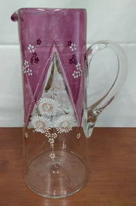 Viktorianischer EMAILLIERTER BLUMEN lila geblitzt goldgeblasen Kunstglas KRUG - Bild 1 von 5
