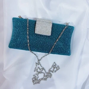 Jasmine Glitter Rhinestone Clutch Handbag Evening Crossbody Bag Turquoise Small - Picture 1 of 11