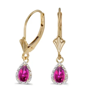 10k Yellow Gold Pear Pink Topaz And Diamond Leverback Earrings - Picture 1 of 3