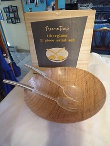 Thermo-Temp 3 Pc Salad Set MCM 12" Bowl & Serving Utensils Raffiaware Woven Box - Picture 1 of 7