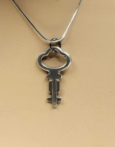 Warded Key Pendant Necklace 16" Chain Silvertone Collector Key To My Heart - Picture 1 of 3