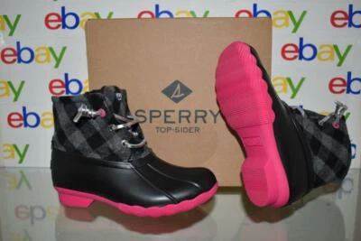 Sperry Saltwater Duck Boots Little Girls Black/Gray/Pink STL163616 NIB - Image 1 of 2