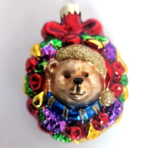 Teddy Bear with Colorful Wreath Christmas Ornament Hand Blown Glass - Picture 1 of 4