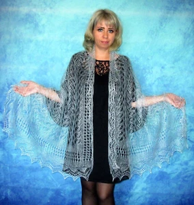 Hand knit light blue scarf, Wool wrap, Lace Russian shawl,Orenburg cover up,Cape - Picture 1 of 7