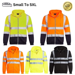 Mens Hi Vis Jacket Fleece Work Hoodie Zip Up High Viz Hooded Sweatshirt Safety - Picture 1 of 23