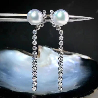 gorgeous pair of 9-10mm south sea round white pearl dangle earring 925s(mj) - Image 1 of 4