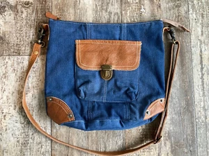 Myra Bag Recycled Denim Leather Patchwork Tote Handbag Purse - Picture 1 of 8