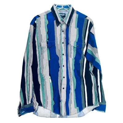 Vintage 90s Wrangler Cowboy Western Shirt 16 1/2-35 Button Front Blue Black - Image 1 of 4