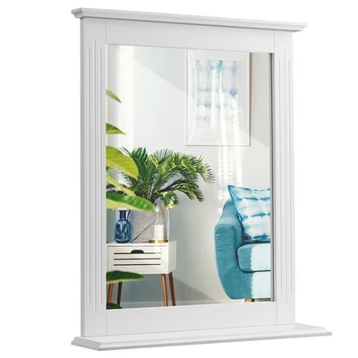 White Bathroom Wall Mirror W/Shelf Square Elegant Vanity Function Makeup Mirror - Image 1 of 4