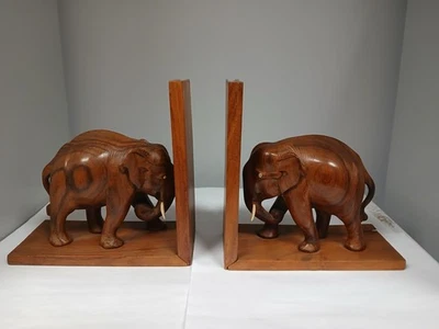 Par de sujetalibros vintage de elefante de madera maciza Foto 1 de 4