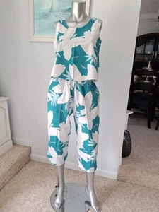 VTG 80's 2pc Set Aloha Hawaiian Fashions High Waist Crop Pants Matching Top - Foto 1 di 8