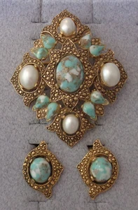 Vintage Sarah Coventry Brosche Ohrringe SET Erinnerung Faux Türkis & Perle - Bild 1 von 7