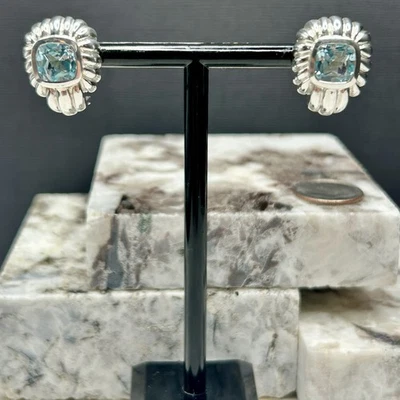 Judith Ripka Sterling Silver Blue Topaz Earrings with Omega Close, Exc. Cond.  - Image 1 of 2