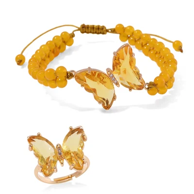 Golden Glass, Simulated Diamond and Yellow Quartzite Butterfly Ring and Bracelet - Image 1 of 4