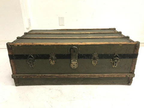 Vintage WOOD STEAMER TRUNK chest coffee table storage box antique wooden sticker Cover