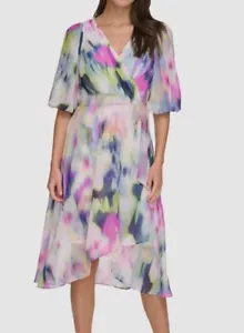 DKNY Women's White Pink Lined V Neck Balloon-Sleeve High-Low Midi Dress Size 2 - Picture 1 of 2