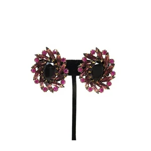 VTG Bronze Tone Purple Navette Rhinestone Statement 1.5" Clip On Earrings - Picture 1 of 6