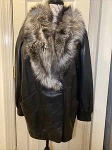 J Percy, Marvin Richards Black Leather Coat Fox Fur Collar Trim Women Size S - Picture 1 of 12
