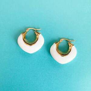 18k Gold White Enamel Hoop Earrings For Pierced Ears