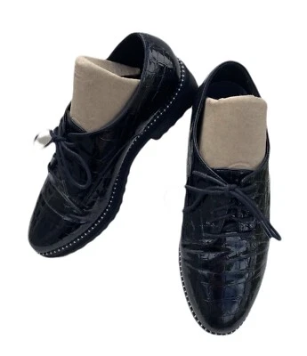 Aldo Shoes Womens 7 Derby Black Patent Leather Lace Up Low Heel Embossed - Image 1 of 4