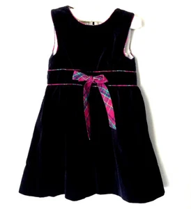 Strasburg Girls Dark Blue Velvet Jumper Dress Size 2Y Plaid Bow Trim Back Zipper - Picture 1 of 3