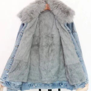 Women Faux Fur Lined Denim Jacket Coat Thick Fluffy Furry Collar Winter Warm - Picture 1 of 14
