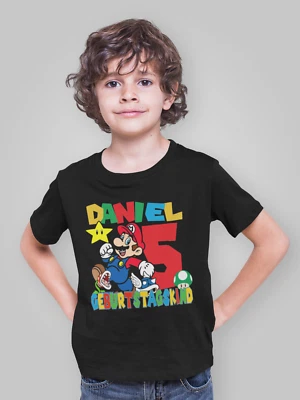 Super Mario Luigi Geburtstag Personalisiert Alter Name Baumwolle Kinder T-Shirt - Bild 1 von 4