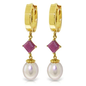 9.5 CTW 14K Solid Gold Hoop Earrings Natural pearl Ruby - Picture 1 of 3