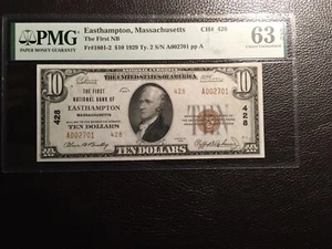 10.00 1929: National bank note Easthampton Massachusetts PMG 63 choice Unc.EPQ - Picture 1 of 2