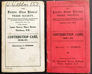 Two 1920 LONDON Hackney GLASS BLOWERS TRADE SOCIETY Contribution Cards - Picture 1 of 3
