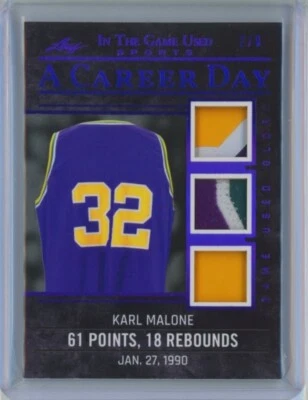 2020 Leaf Karl Malone Game Used Jersey HOF Triple Patch A Career Day 2/9 Purple - Image 1 of 3