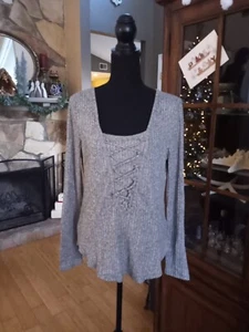 Vintage Y2K Self Esteem Women's Tunic Top Size Large Gray Lace Front Long Sleeve - Picture 1 of 5
