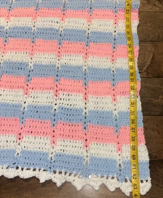 Afghan Blue, pink & White, Baby Blanket 44x 44” - Image 1 of 4
