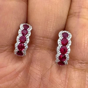 1.20Ct Round Cut Lab-Created Red Ruby Huggie Hoop Earrings 14K White Gold Plated - Picture 1 of 8