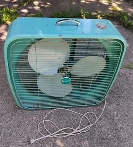 Vintage Dominion 2 Speed Metal Box Fan With Orig Aqua/ Turquoise Works Well USA - Picture 1 of 6
