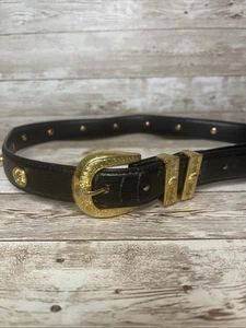 Vintage Donna Katz Black Belt With Gold Lady Medallion Accents Size Large - Picture 1 of 20