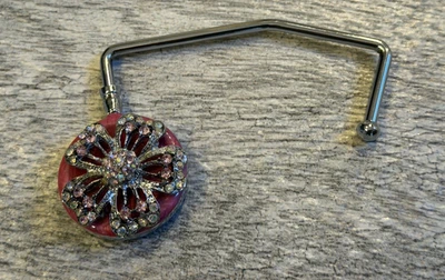 Rhinestone Jeweled Purse Bag Hanger hook Bling Daisy Estate Jewelry Silver tone - Image 1 of 4