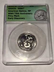 2020 W American Samoa NP ATB Quarter ANACS MS 67 V75 WWII 75th Anniv Privy - Picture 1 of 3