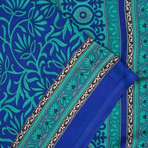Sanskriti Vintage Blue Indian Sarees Moss Crepe Floral Printed 5+Yd Craft Sari   - Picture 1 of 12