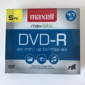 Maxell Max Data DVD-R 120 min Write-Once Single-Sided 5 Pack Disc with Cases NEW - Afbeelding 1 van 8