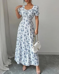 Vintage inspired Blue Floral Cottage Core Maxi Dress Size UK 12-14 Puff Sleeve - Picture 1 of 6