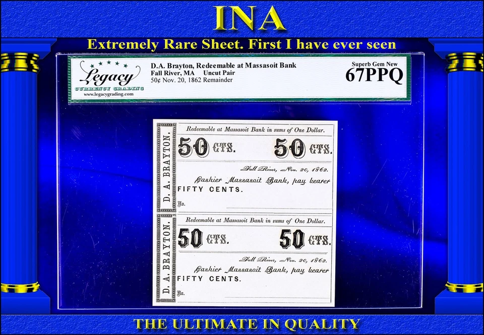 1862 Massachusetts Fall River DA Brayton Uncut Sheet Legacy 67 PPQ Rare Finest - Image 1 of 2