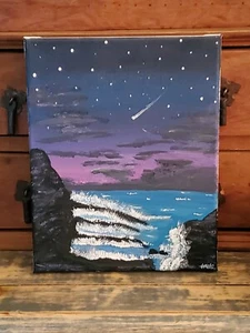 hand painted canvas wall art 8 x 10 night beach scene - Picture 1 of 2