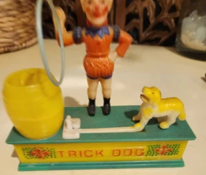 Vtg Trick Dog Bank Mechanical Moving Parts Clown Barrel Circus Plastic RARE - Picture 1 of 3