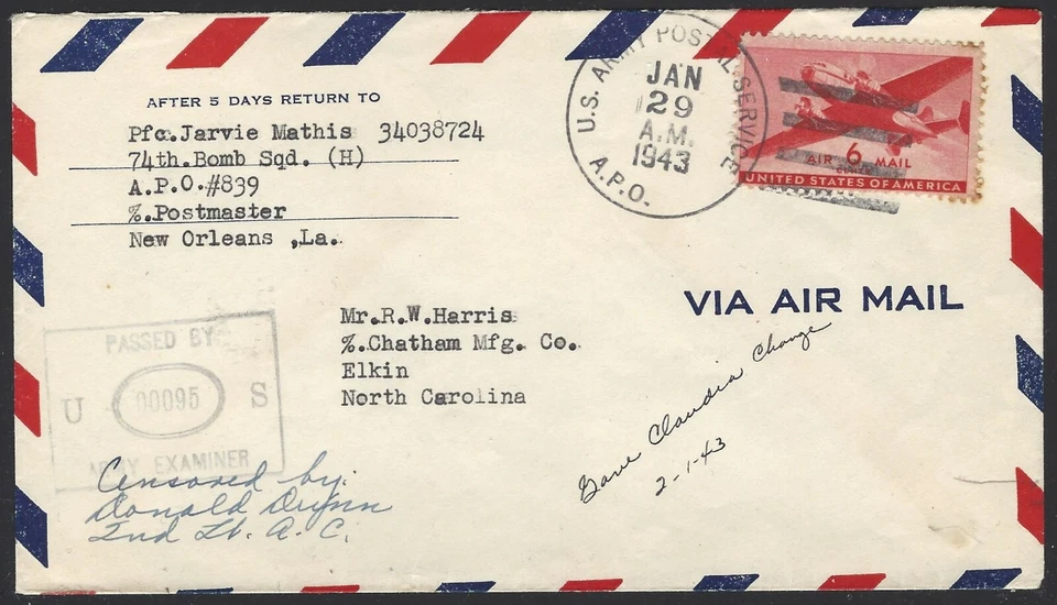 GUATEMALA 1943 U.S. MILITARY COVER CENSORED BY COMMANDING OFFICER - Image 1 of 1