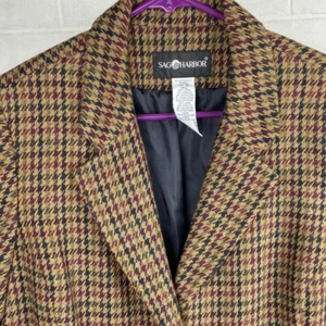 Sag Harbor Houndstooth Blazer Wool Blend Vintage Jacket Brown Purple Size 10 - Picture 1 of 7