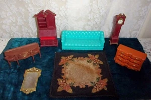 Mid-Century Louis Marx 1964 Plastic Dollhouse Furniture with Carpet Lot - Picture 1 of 4